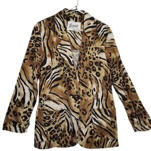 Vintage‎ Sara One Button Blazer Women's Brown Black Animal Print Size Small